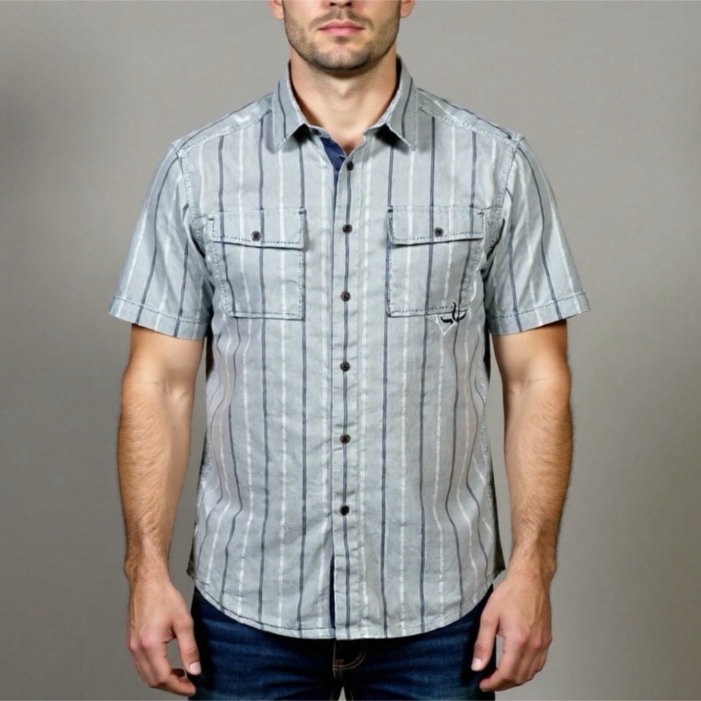 PRANA Button Up Shirt Mens Small Short Sleeve Grey Organic Cotton
